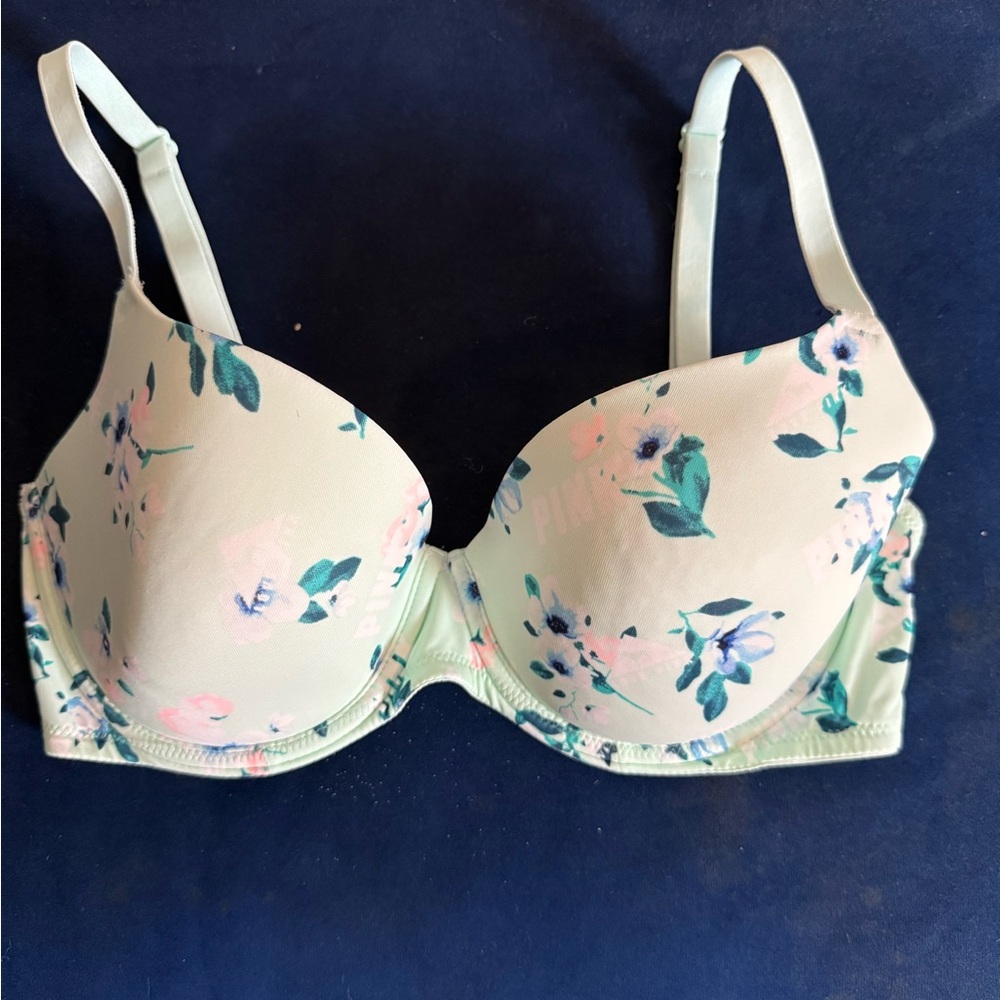 Pink by Victoria’s Secret, teal floral bra Sz 34D two clasp closure.